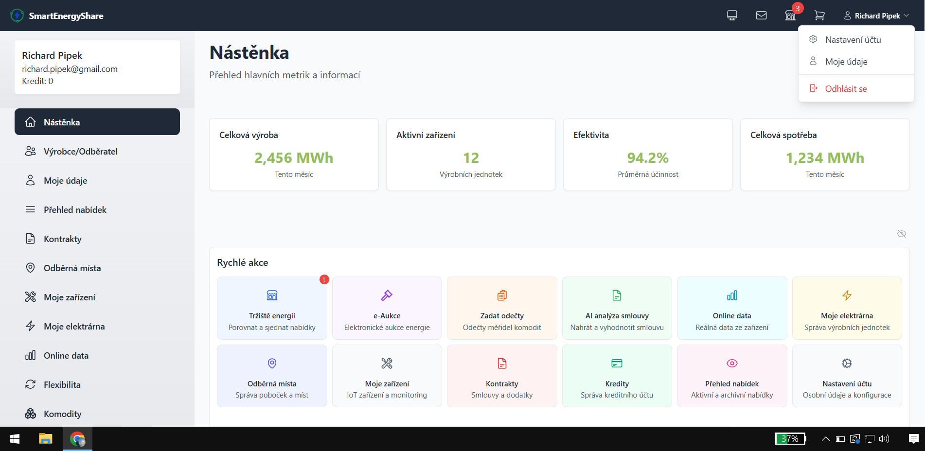 Smart Energy Share portál - hlavní stránka a dashboard